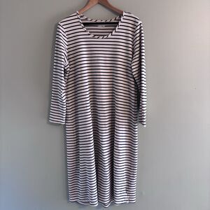 Lands End Navy Cream Striped Long Sleeve Dress L Nautical Coastal Comfort Casual